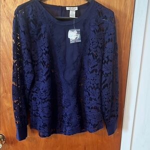 Blue Lace Long Sleeve Blouse. L, Neiman Marcus, New with tag
